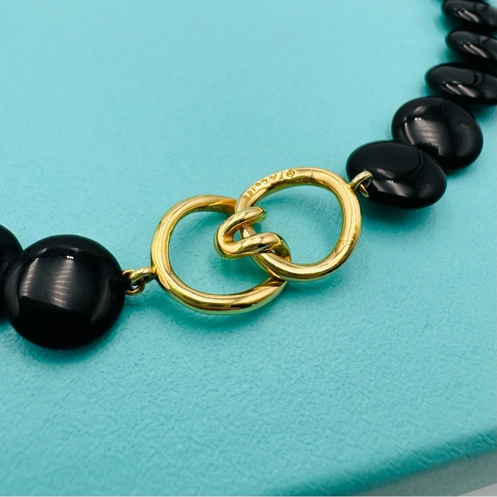 Vintage Tiffany & Co. Lentil Onyx 18K Yellow Gold Necklace 17” Presentation Box